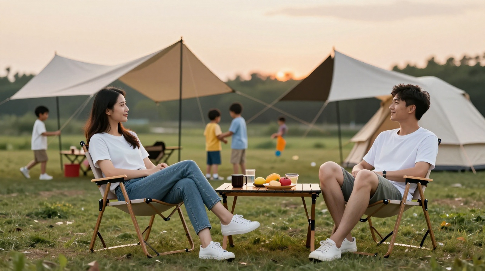A family enjoying a peaceful weekend at a luxury campsite, escaping the busy city life and work stress