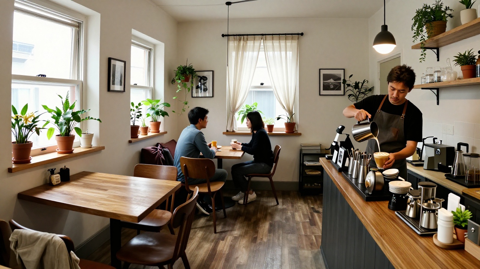 Interior of a hidden coffee shop inside a Chinese residential apartment featuring wooden furniture and plants