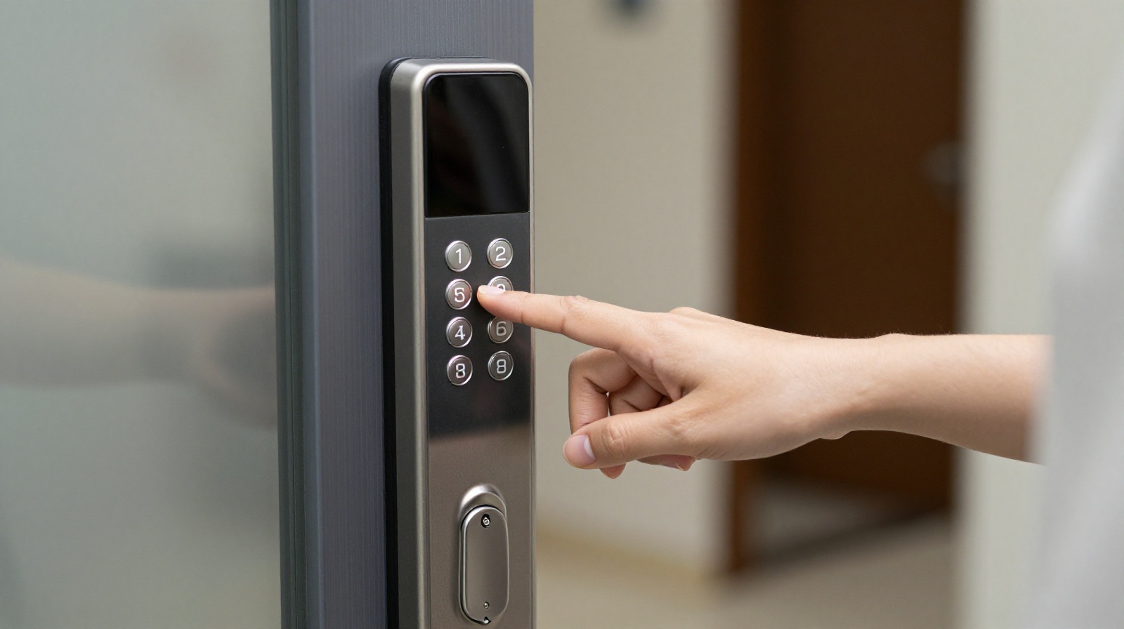 A customer entering a hidden cafe through a digital code on a residential building door
