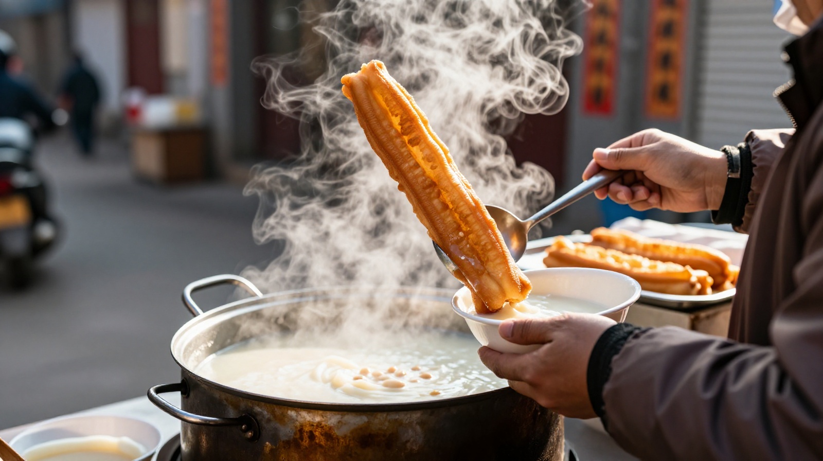 A close-up view of a traditional Chinese breakfast stall with steaming soy milk and fried dough sticks being served to customers in an early morning street setting.