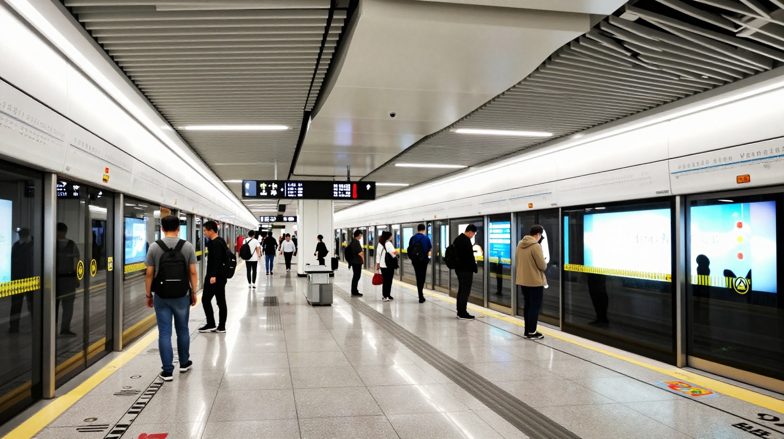 Passengers waiting on a clean and modern subway platform in a major Chinese city like Beijing.