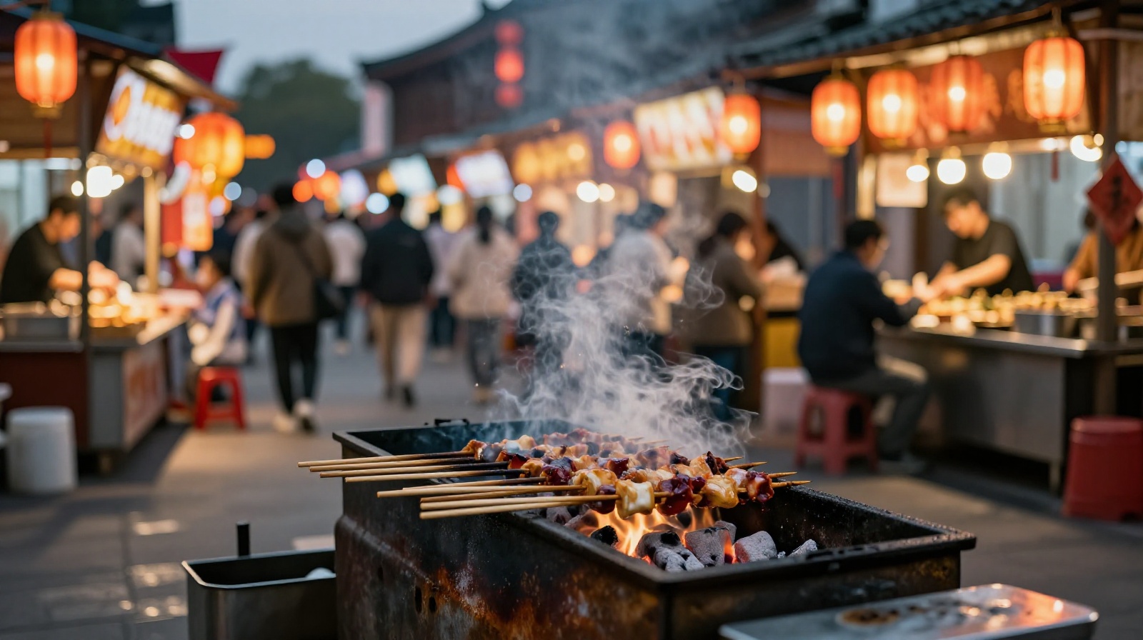 A lively Chinese night market with street food stalls selling grilled skewers under colorful lights.