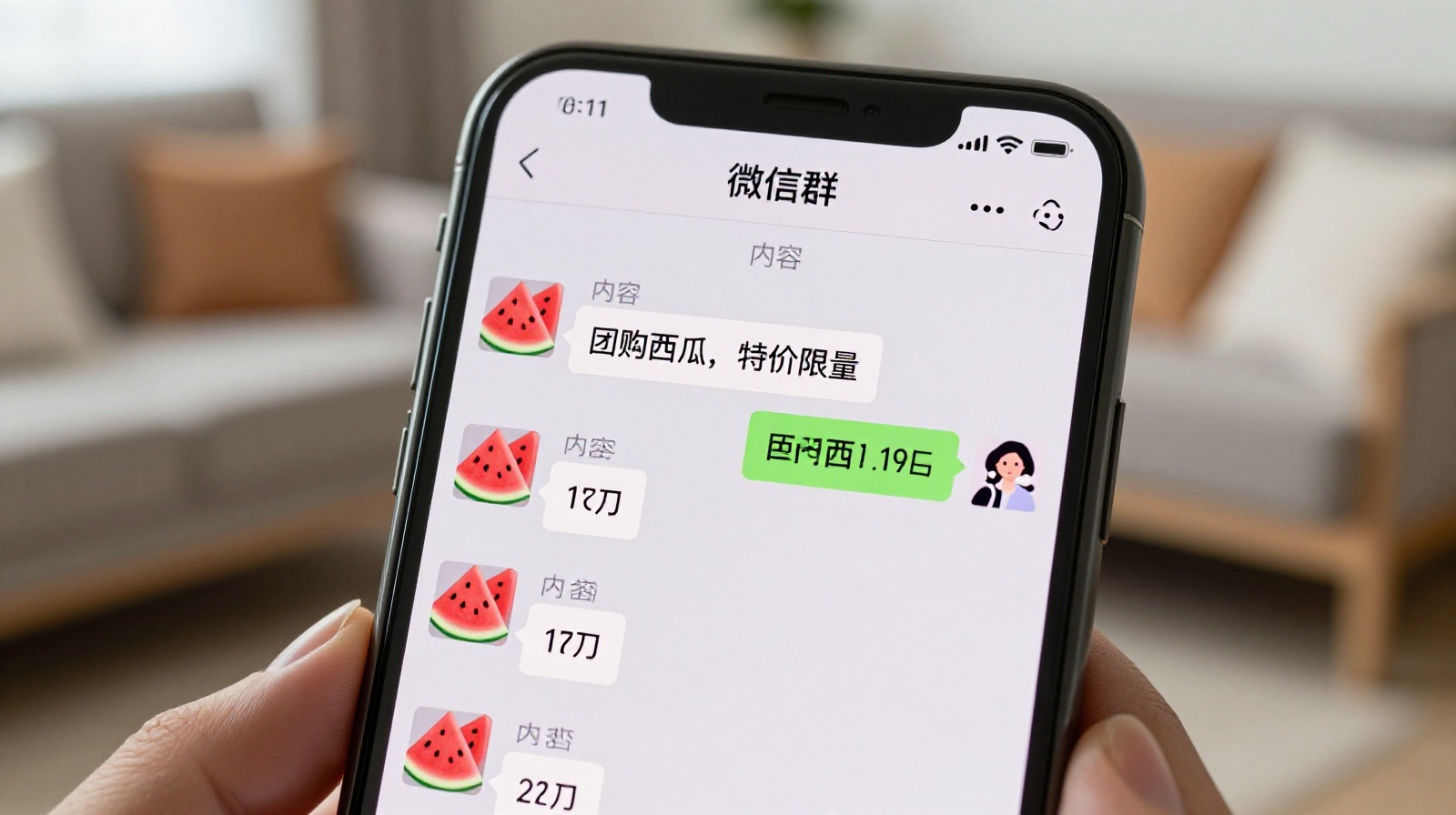 A close-up view of a smartphone screen showing a WeChat group chat where neighbors are placing orders for fresh produce like watermelons and spinach.