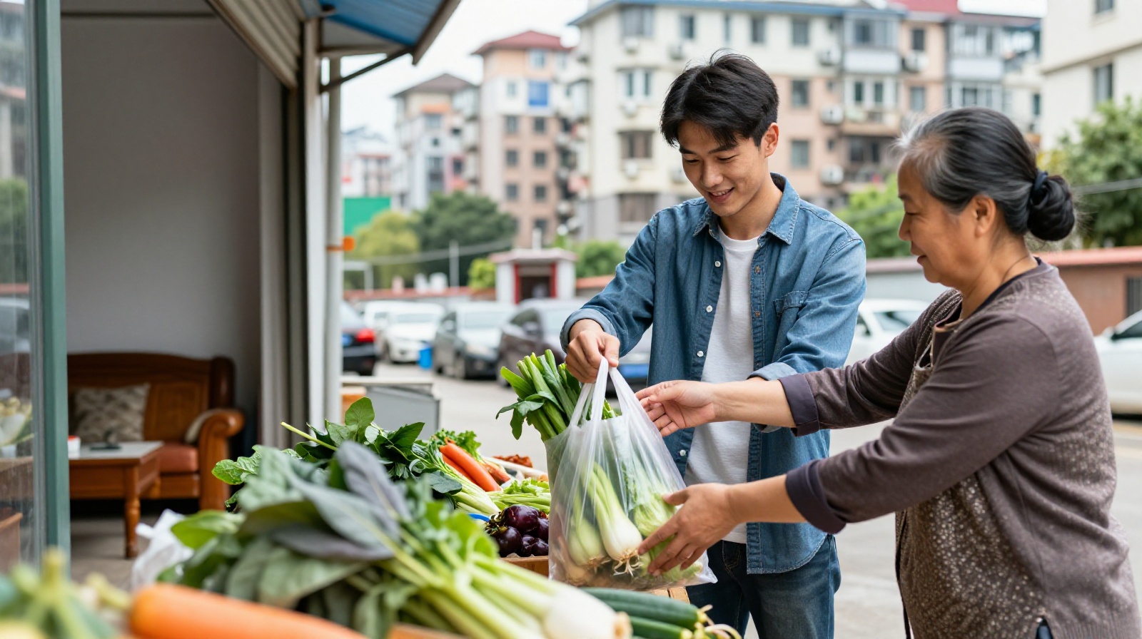 An elderly community group leader handing a bag of fresh vegetables to a young customer at a pickup point inside a residential complex.
