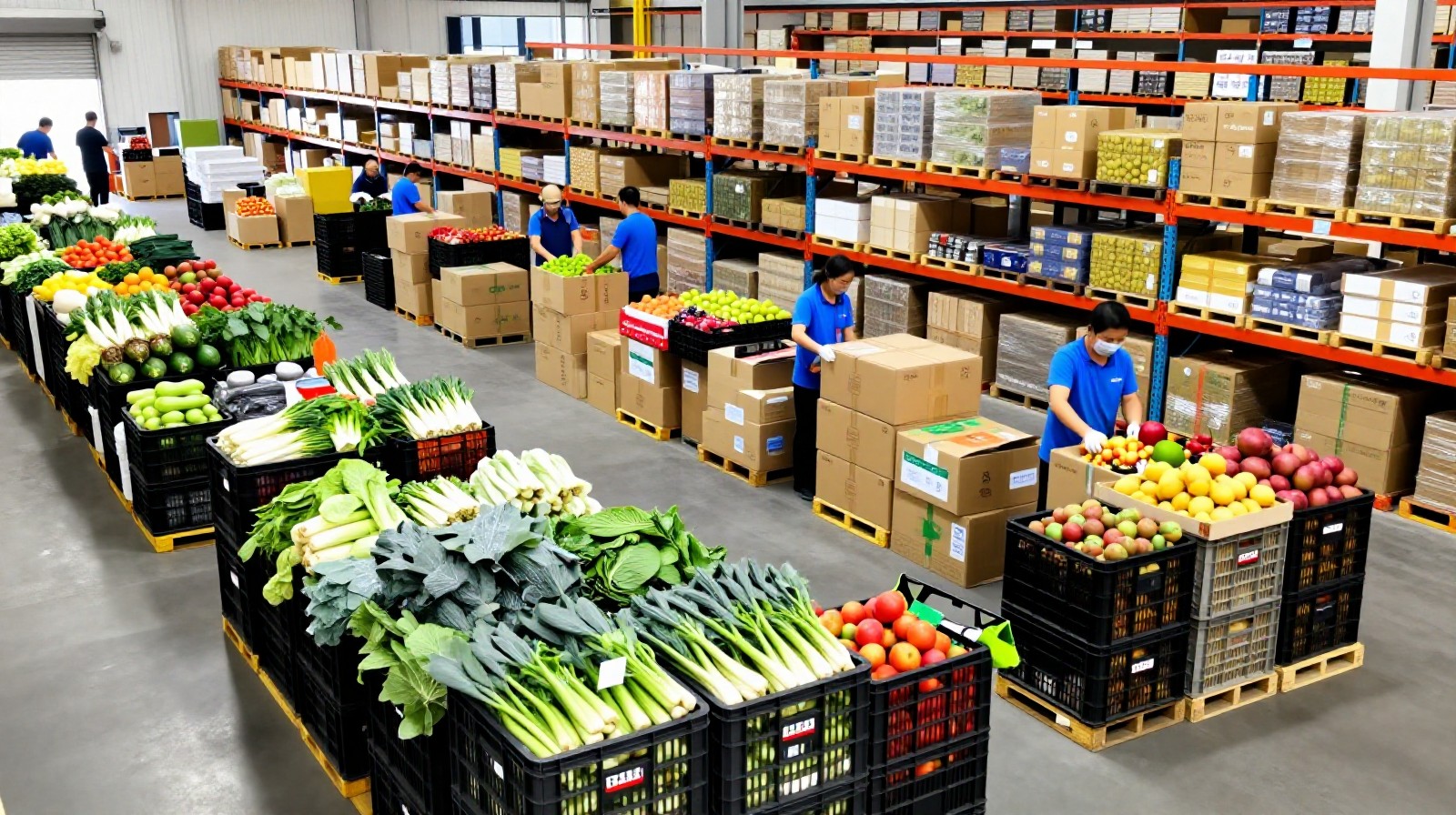 Inside a modern logistics center where bulk orders for community group buying are sorted and packaged for next-day delivery to neighborhoods.