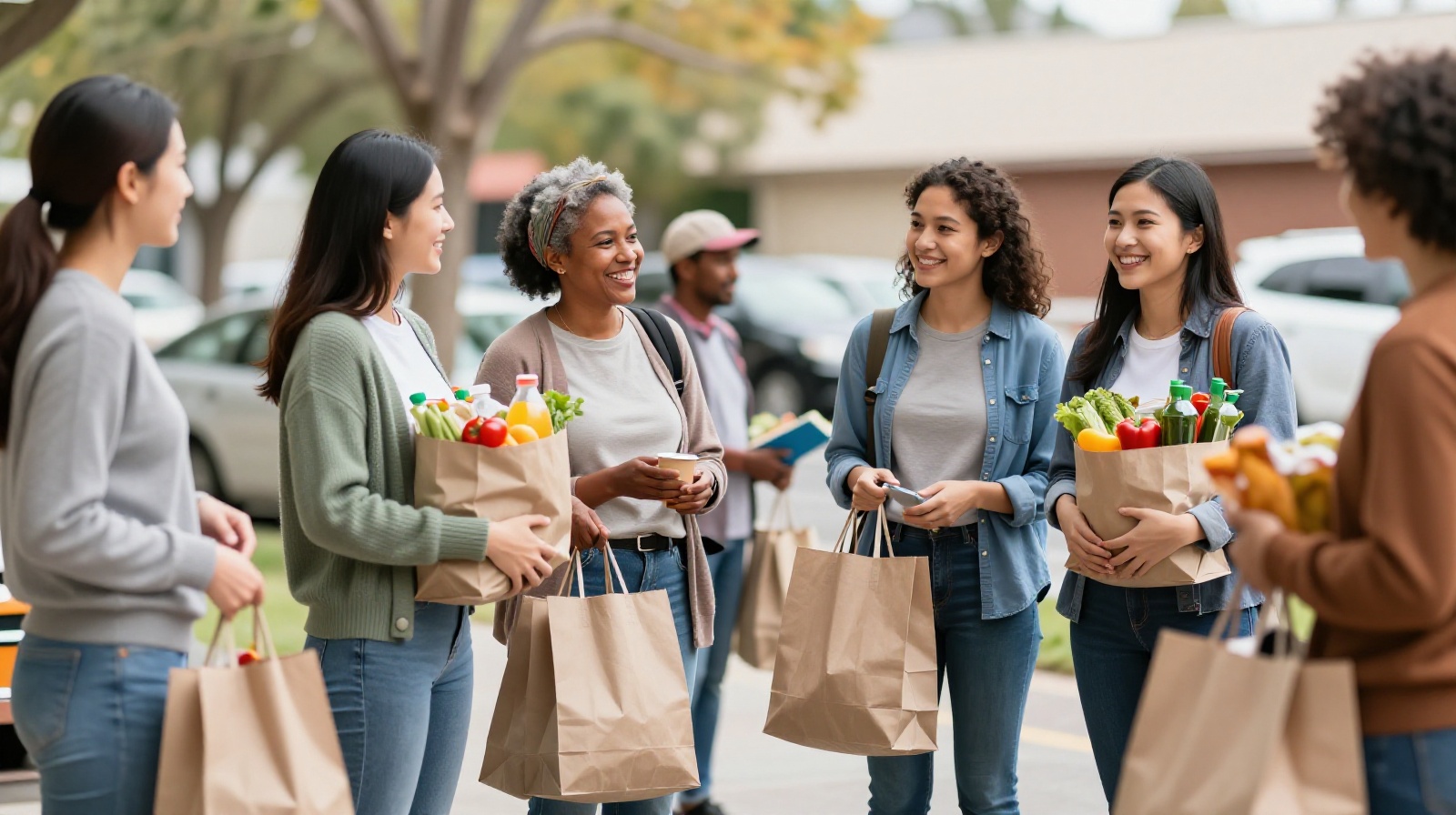 Neighbors gathering at a community pickup spot to collect their orders and chat with each other, building local connections.