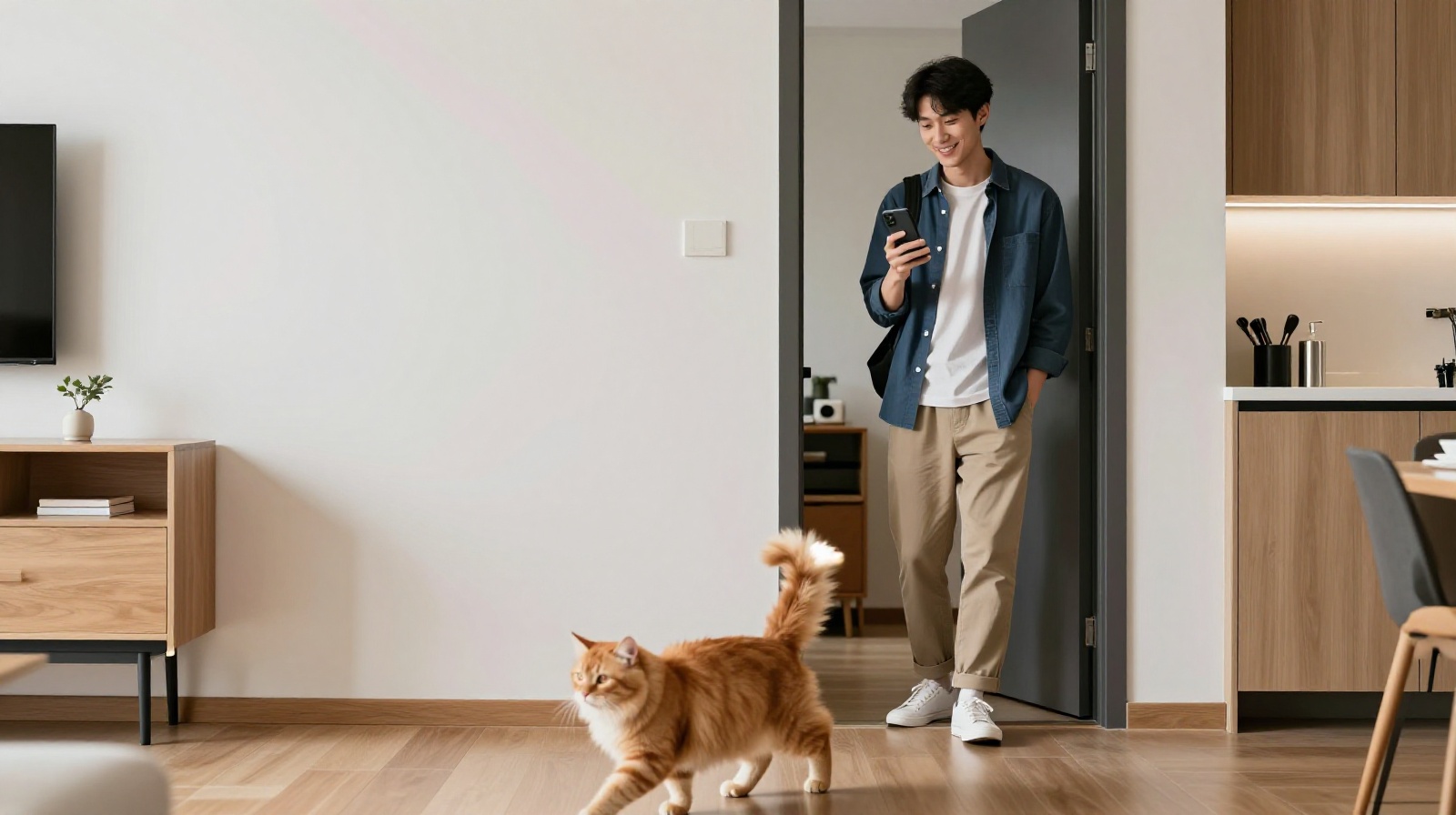 A professional cat sitter arriving at a client's home in China to care for their pet.