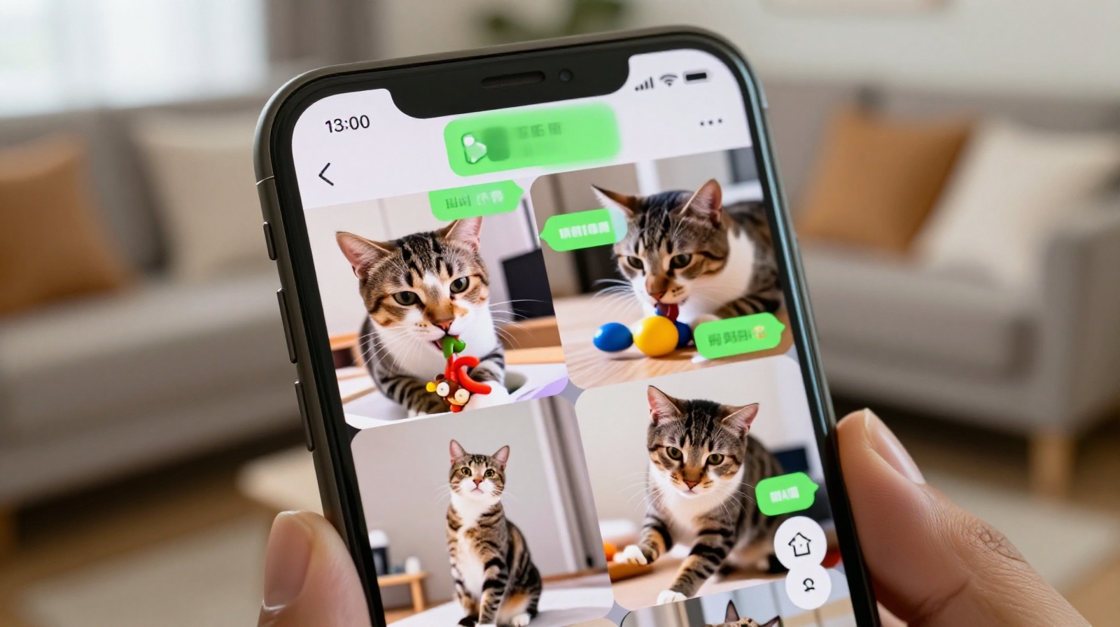 A smartphone screen showing real-time updates and photos sent by a pet sitter to an owner via social media app.