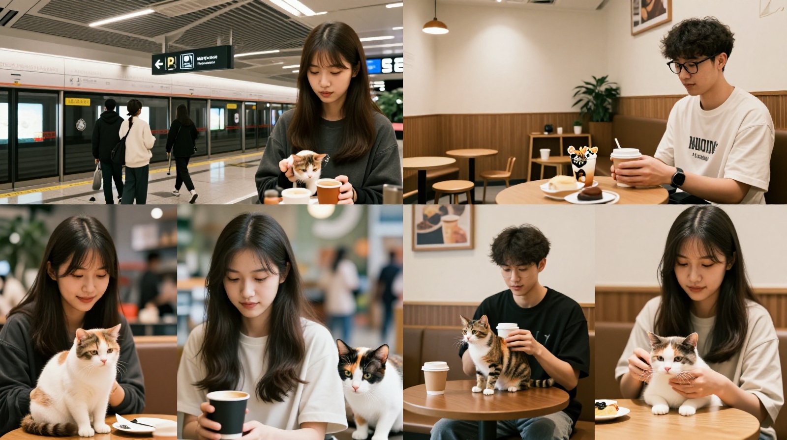 Young professionals and students in China interacting with their pet cats in various urban environments.