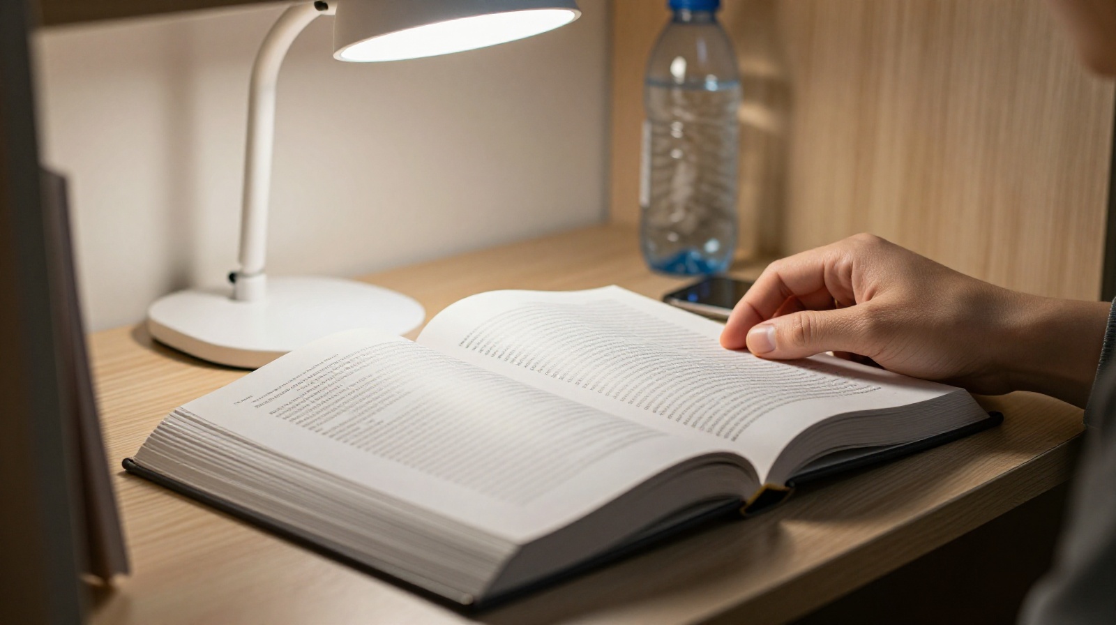 A close-up view of a student's hand turning a page in a textbook inside a private study booth, illuminated by a warm desk lamp with personal items like a water bottle nearby