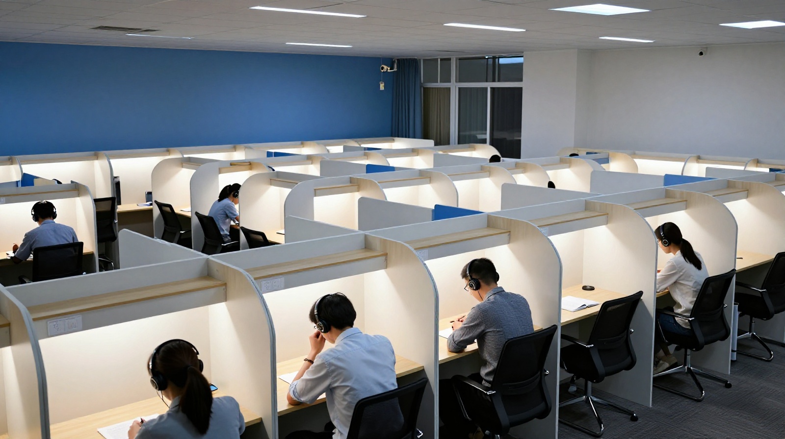 An overview of a crowded paid study room in China showing rows of students studying quietly in individual booths under artificial lighting