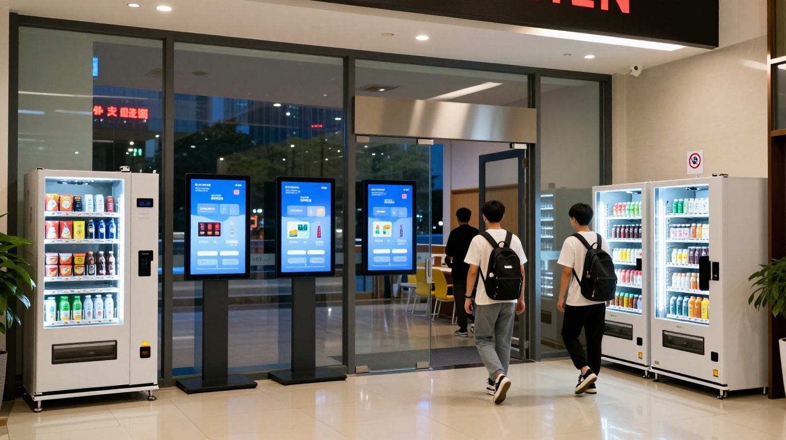 The modern entrance of a paid study room chain in China featuring digital signage and vending machines for late-night students