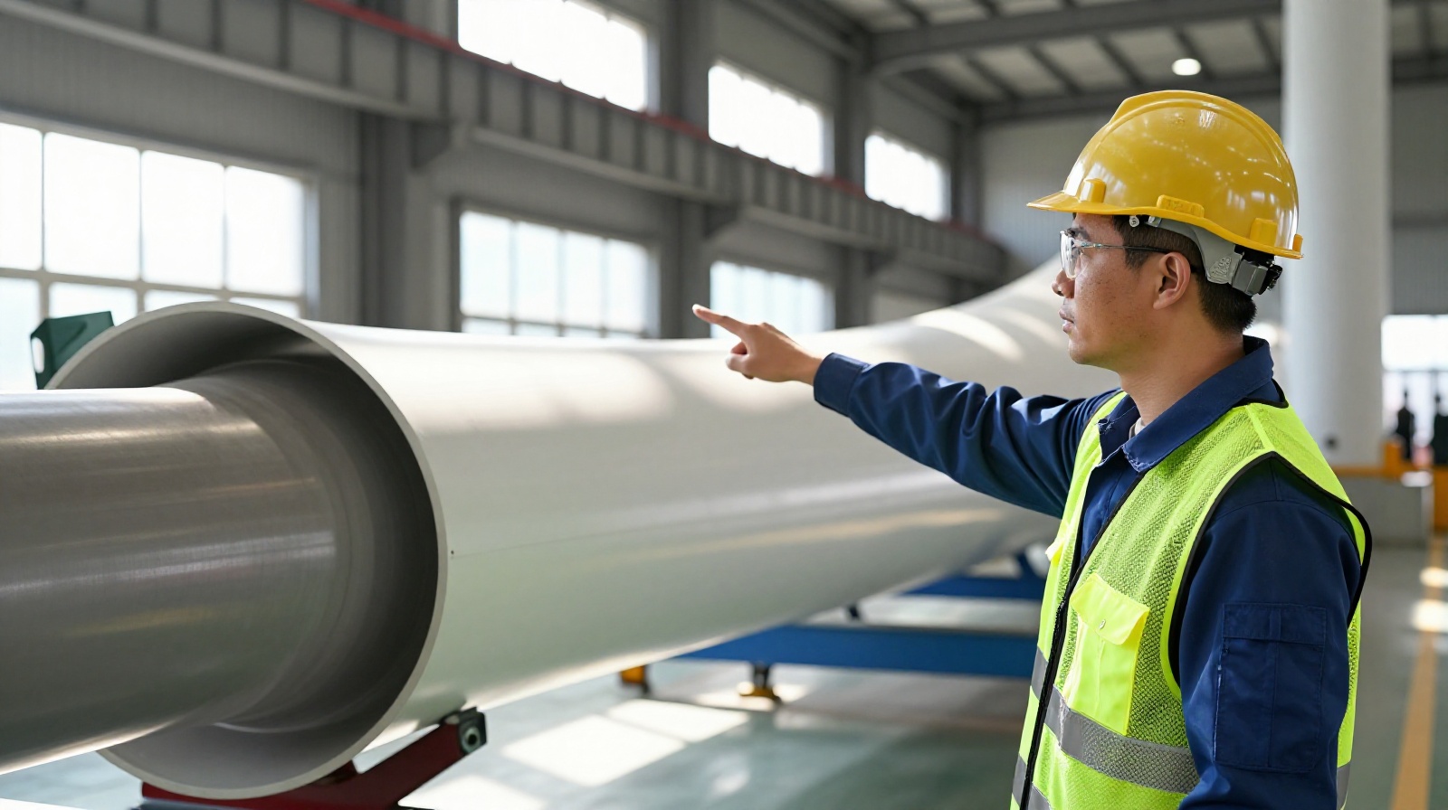 Chinese engineer inspecting a large wind turbine blade during assembly in a coastal manufacturing facility