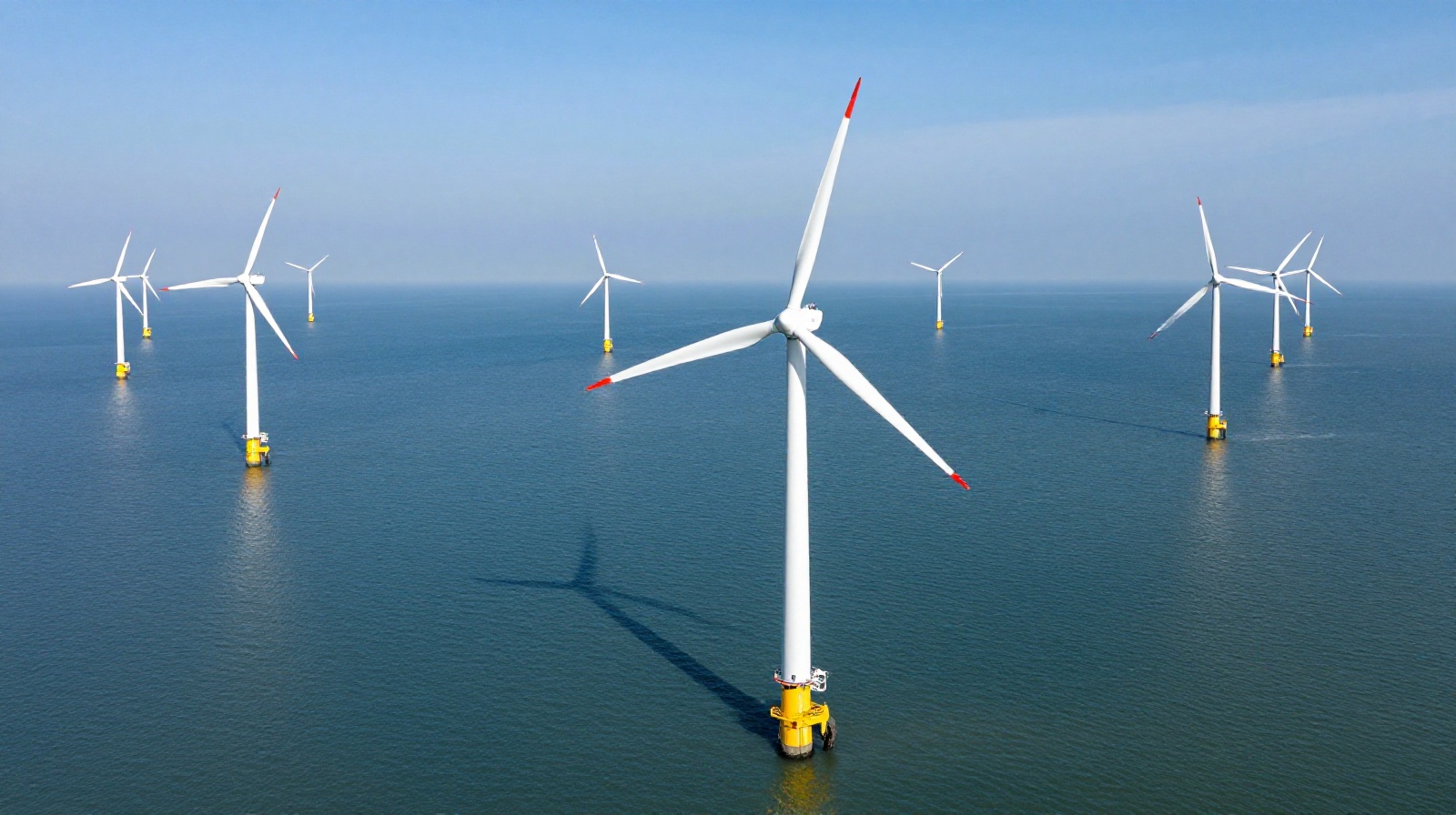 Expansive view of an offshore wind farm off the coast of China featuring massive white turbines