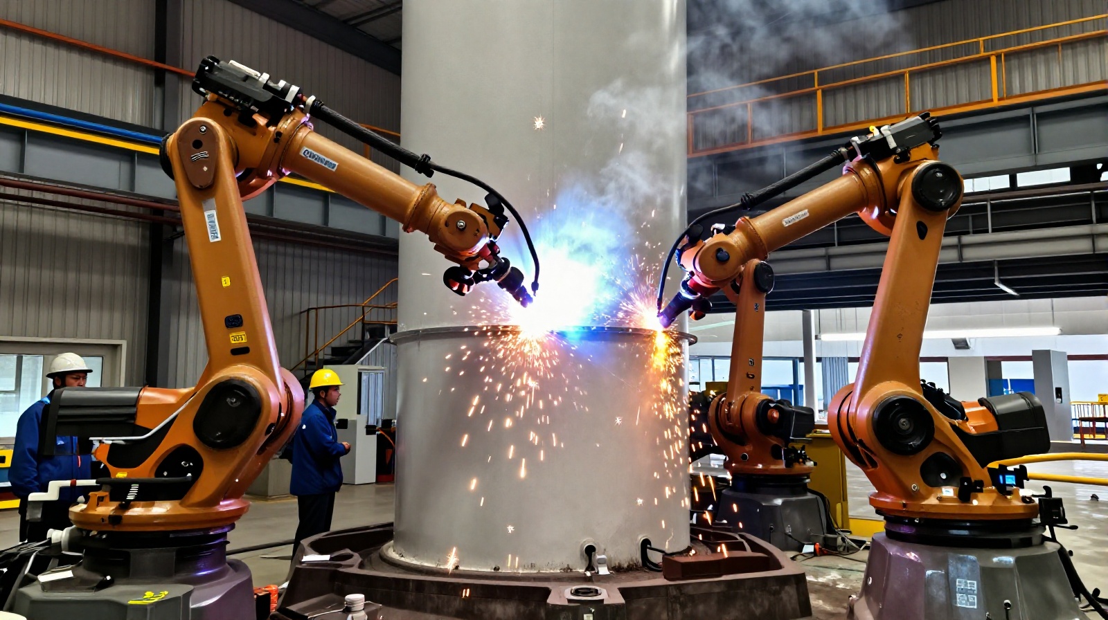 Robotics welding the modular sections of a giant offshore wind turbine tower
