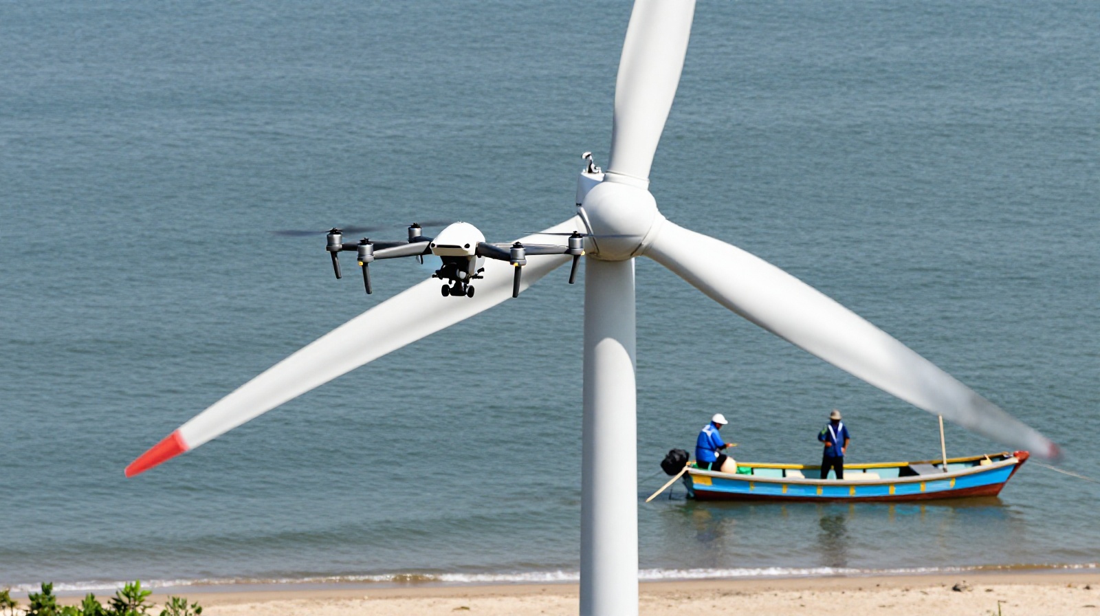 Drone inspecting a wind turbine while local fishermen fish in the foreground
