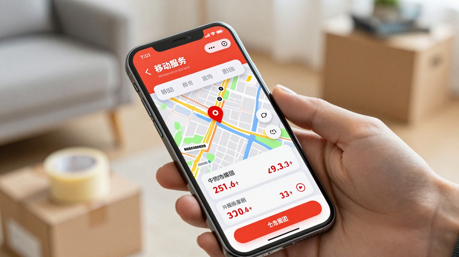 A close-up of a person using a mobile app to book a moving truck in China, showing the digital interface against a home interior background