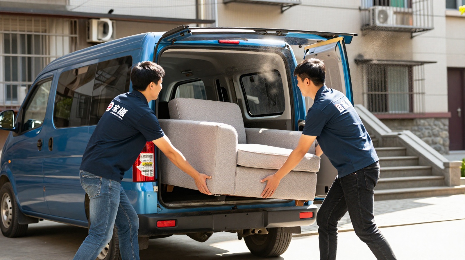 Two movers lifting a sofa into a truck while packing boxes for a residential move in China
