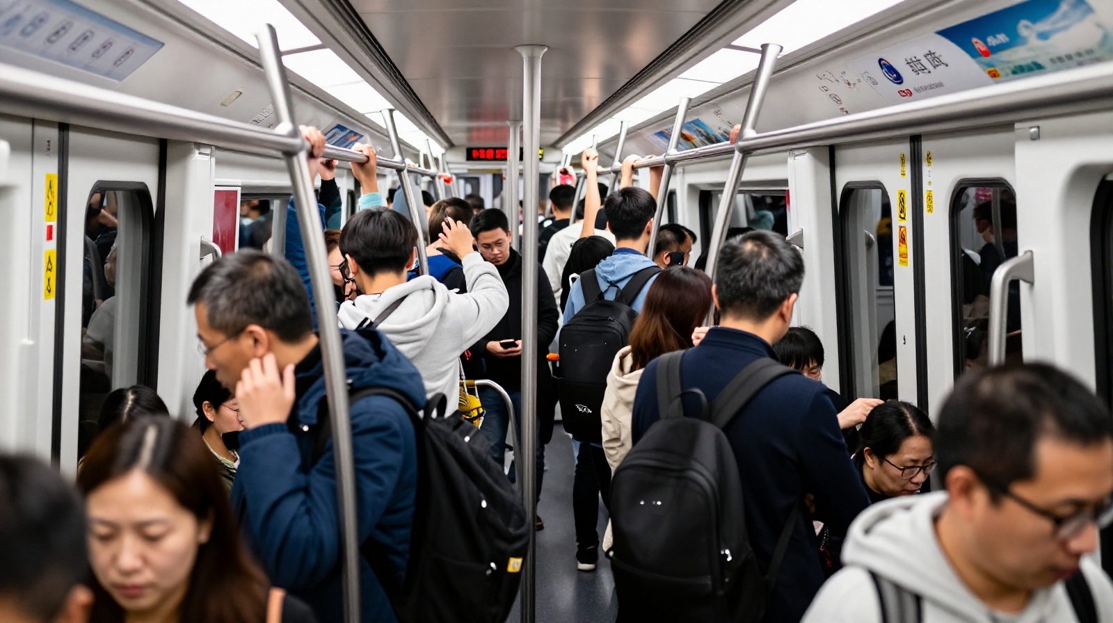 Crowded Chinese subway carriage with silent commuters wearing headphones and looking at phones during morning rush hour