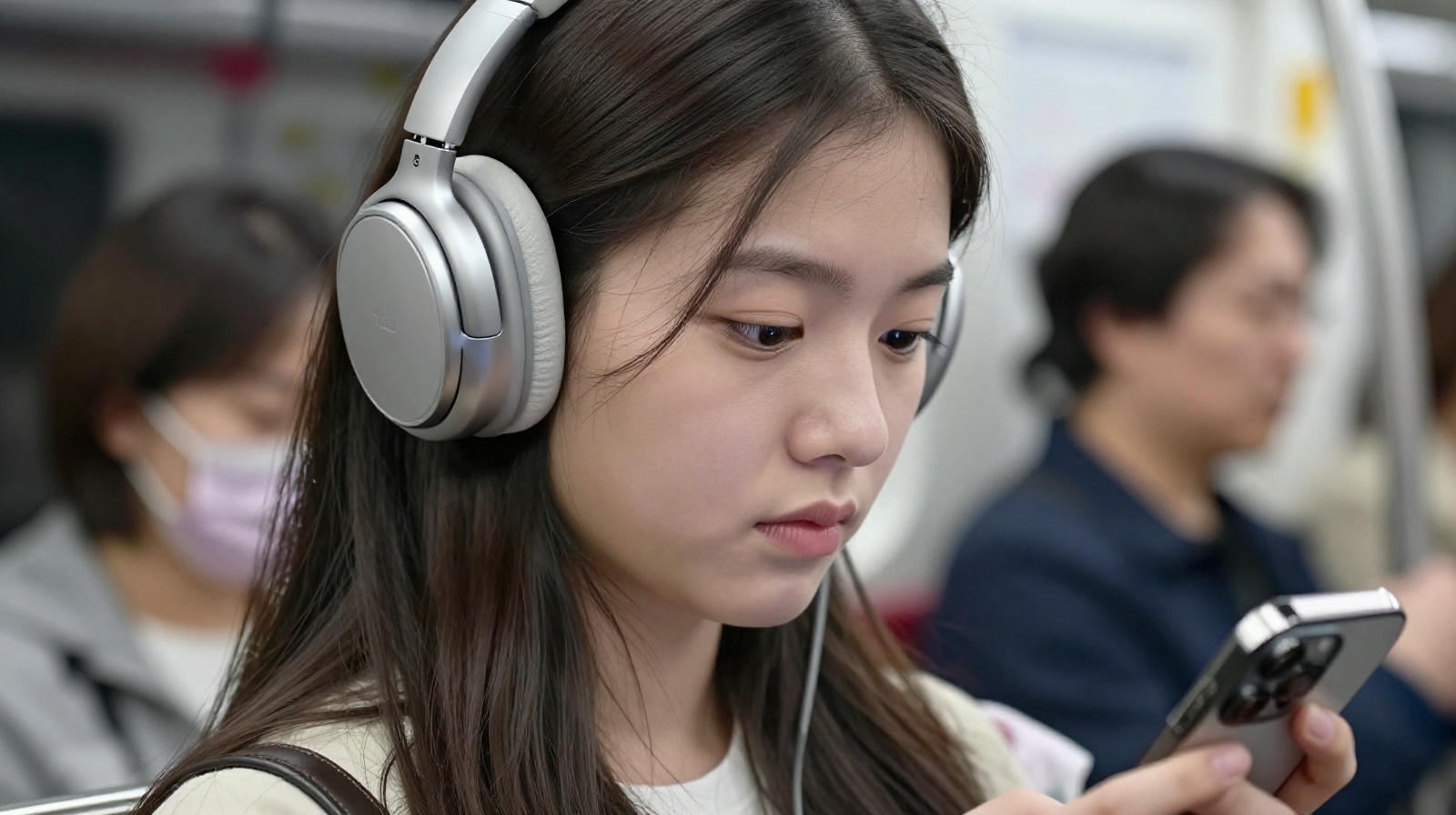 Young commuter in China wearing headphones and using a smartphone while standing on a busy train