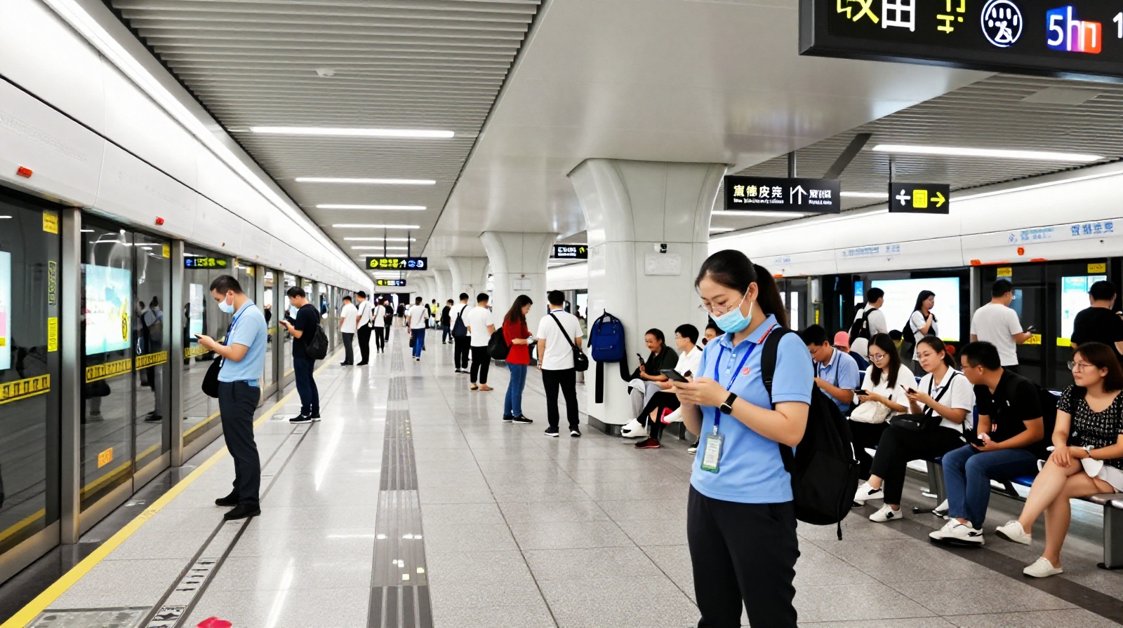 Staff members monitoring passenger behavior on a quiet subway platform in Shanghai or Beijing