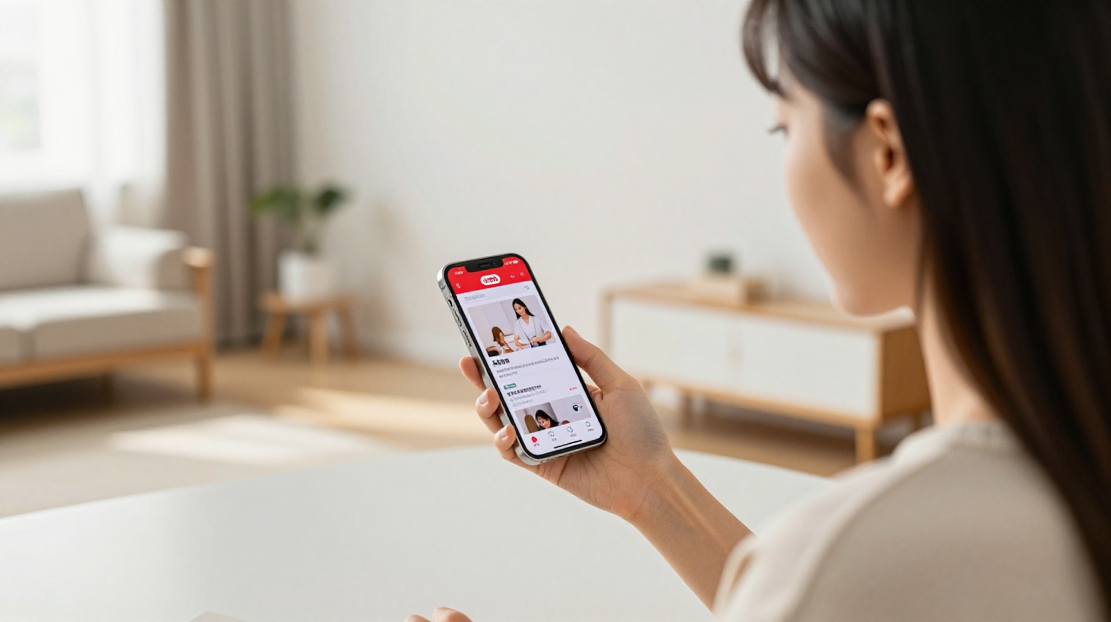 Young Chinese woman using smartphone to browse lifestyle content on Xiaohongshu in a modern apartment