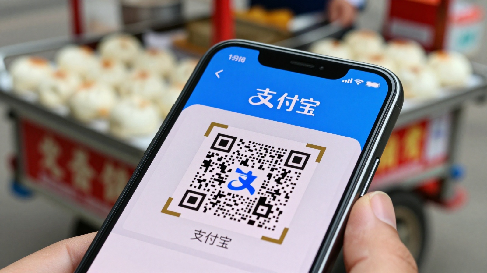 A close-up view of a smartphone scanning a payment QR code at a breakfast food stall in Shenzhen
