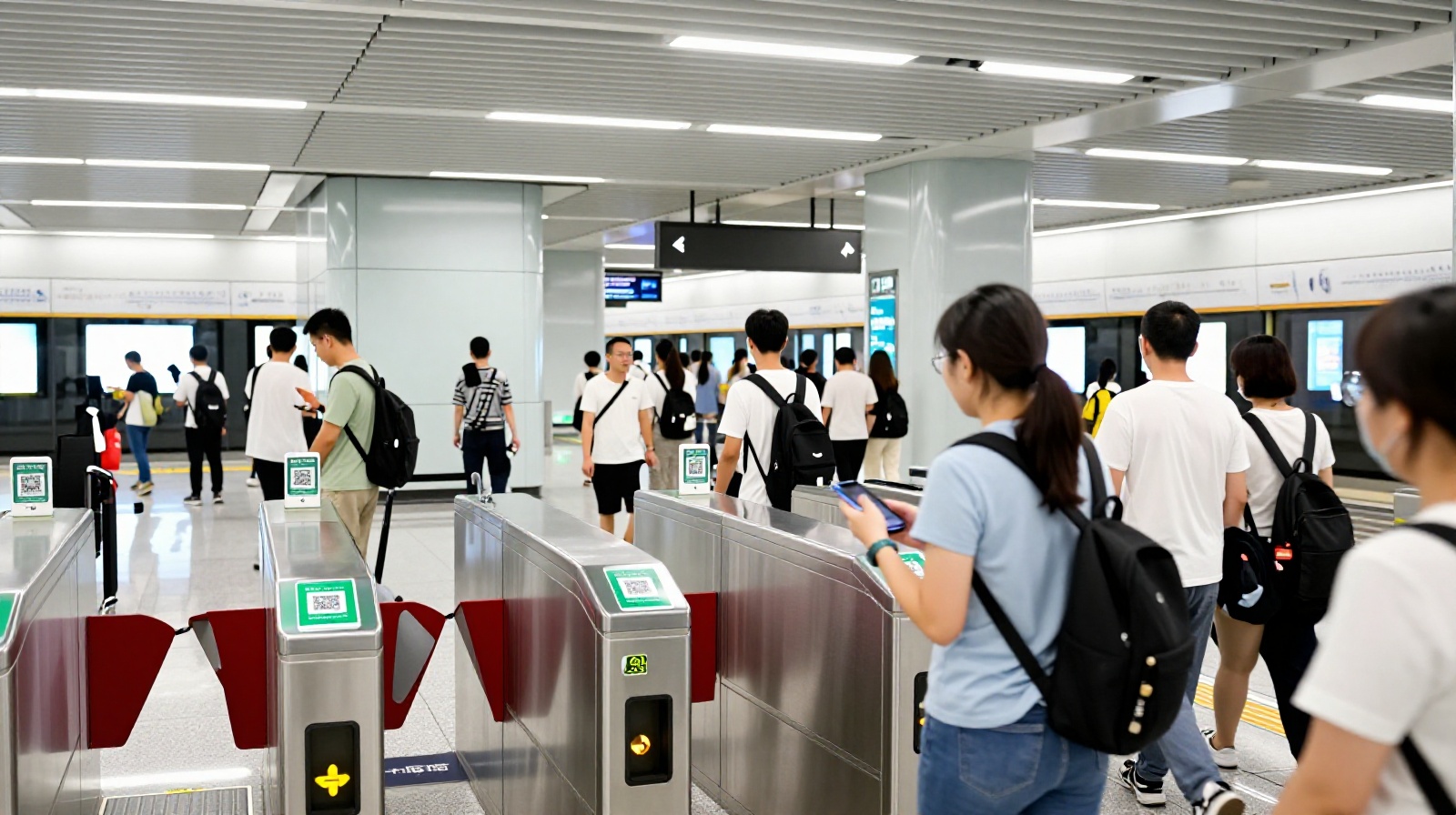 Commuters using mobile phones to enter the subway turnstiles at a Shenzhen metro station