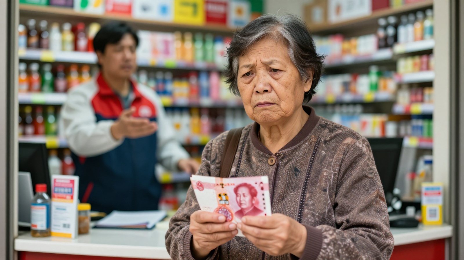 An elderly tourist trying to pay with cash in a modern Shenzhen convenience store