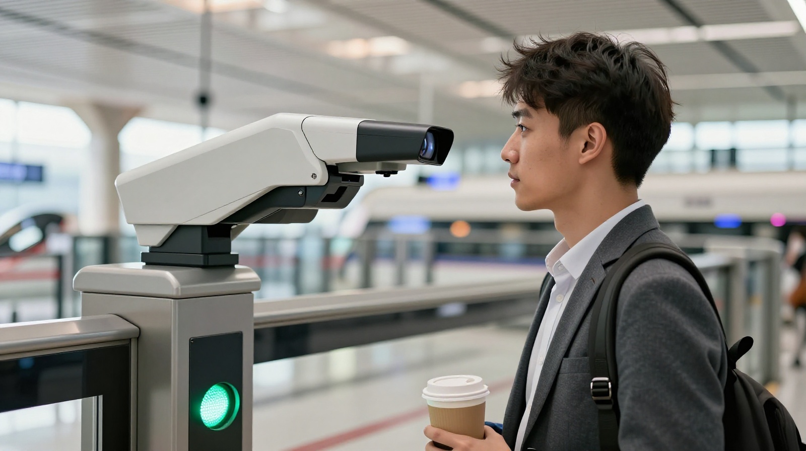 Close-up of a young Chinese man scanning his face at a high-speed railway station gate with a green light indicating successful entry.