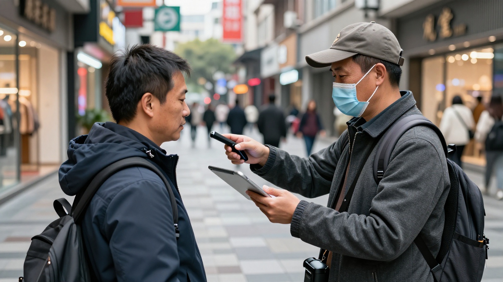 Street vendor using a mobile device to scan a customer's face for instant payment processing at a market stall.