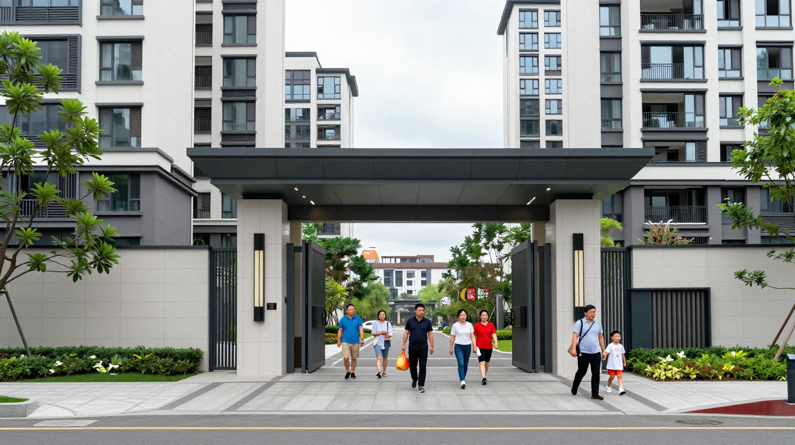 Residents entering a modern apartment complex in China using facial recognition for automatic door access.