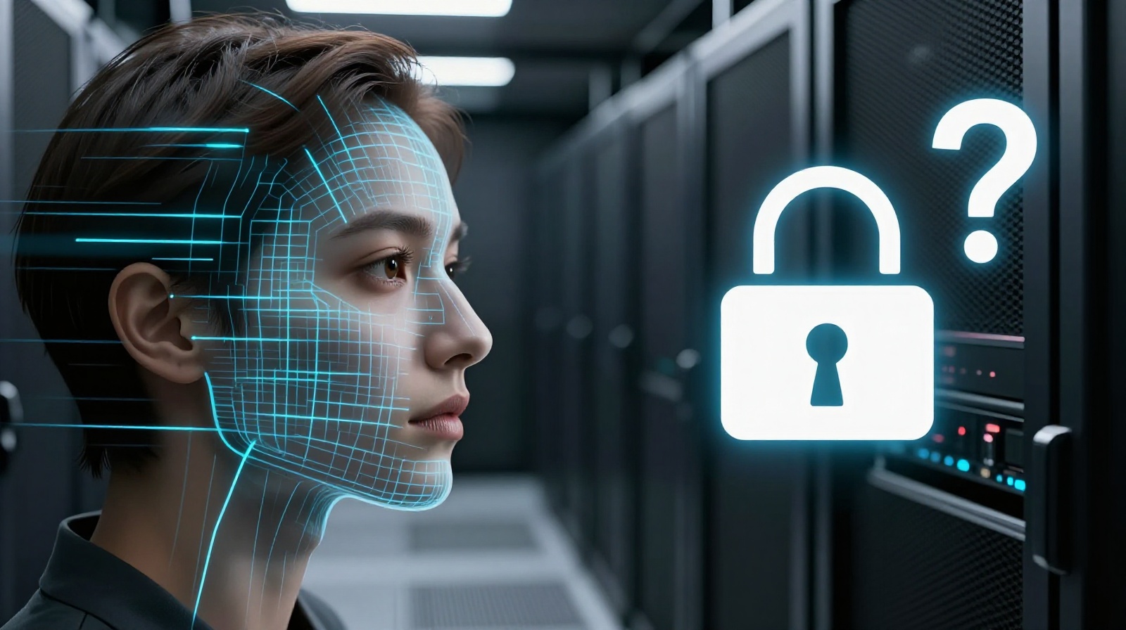 Conceptual image representing facial recognition data security and privacy concerns in modern society.