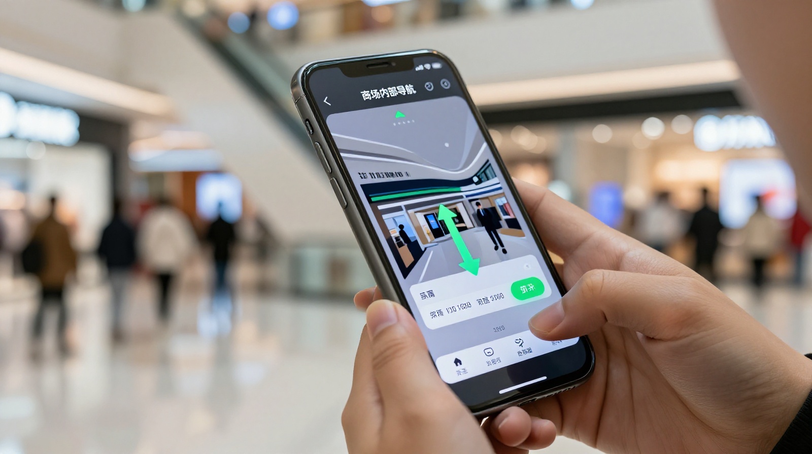 A young woman using AR navigation on her smartphone inside a smart shopping mall to find a specific store