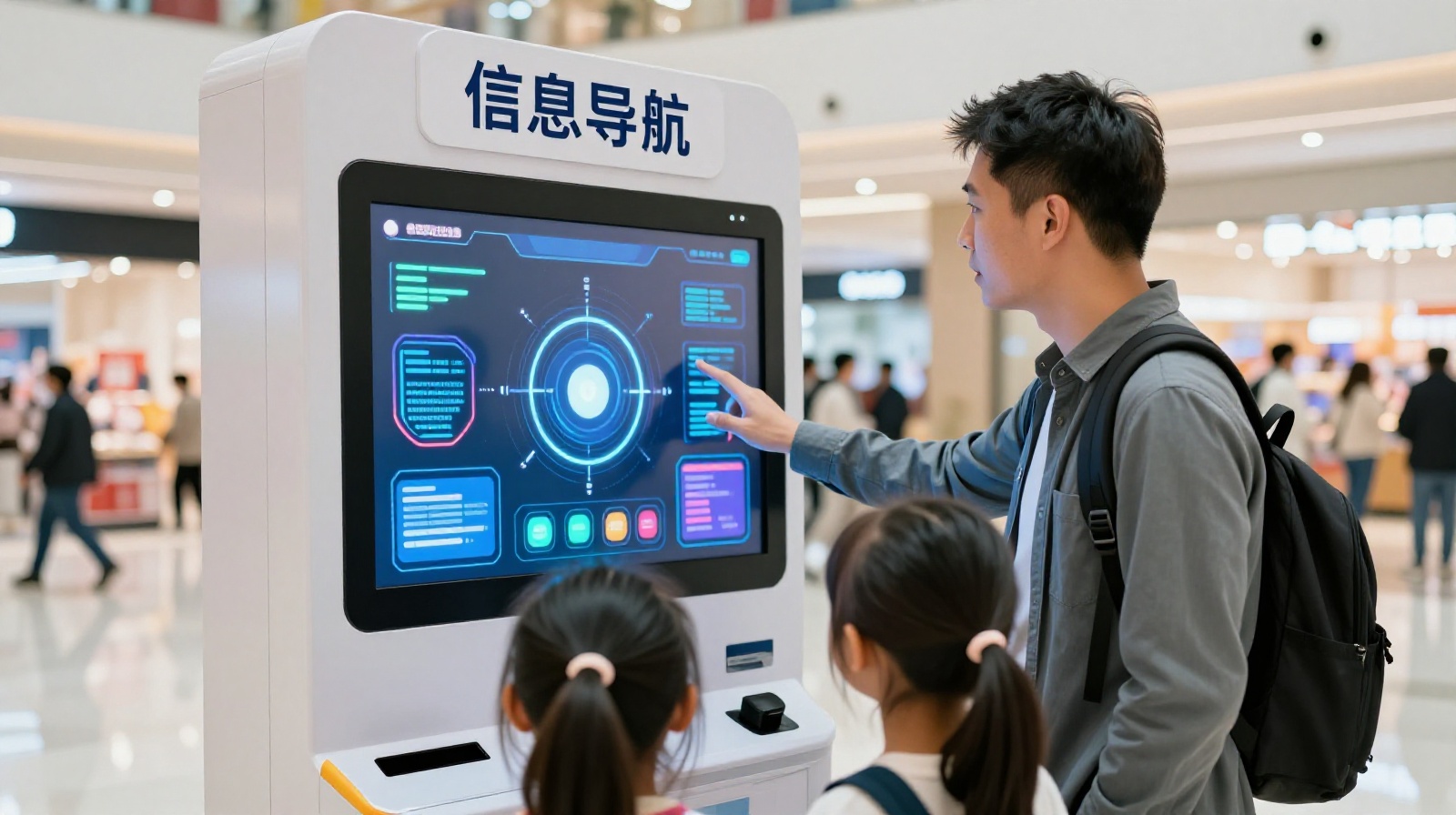 Family using a voice-activated AI concierge kiosk to get directions and coupons in a Chinese shopping center