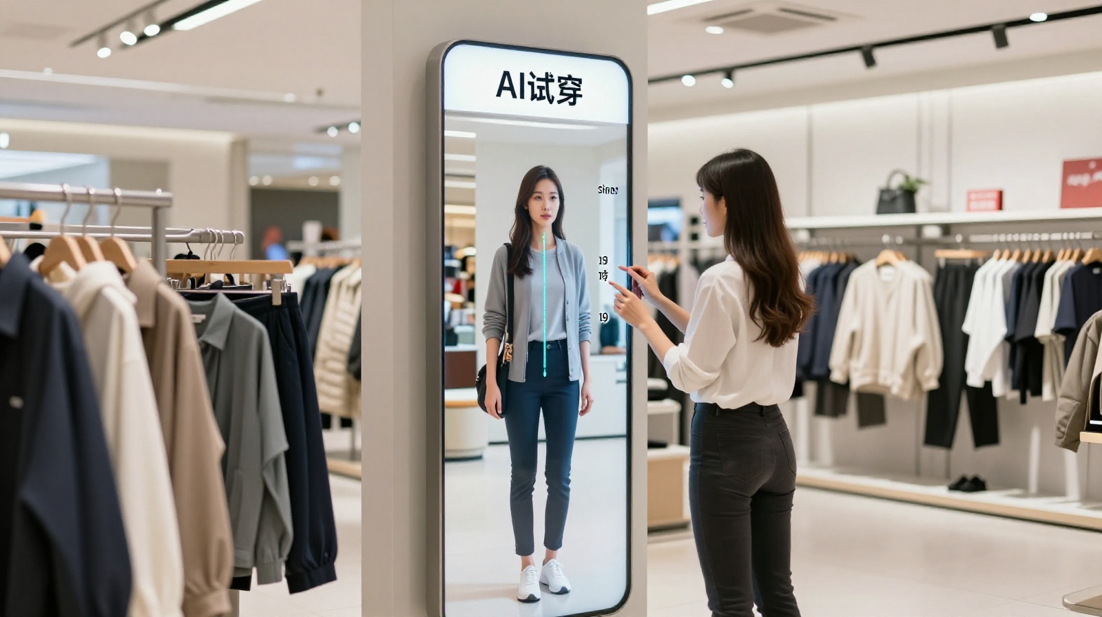 Customer using an AI smart mirror for virtual try-on in a high-tech retail store