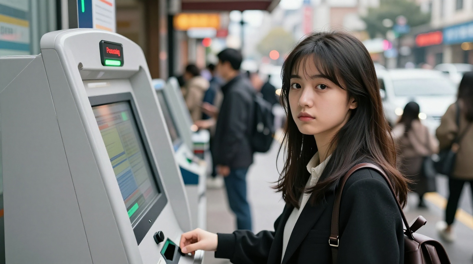 A young woman using facial recognition at an automated coffee kiosk in Shanghai
