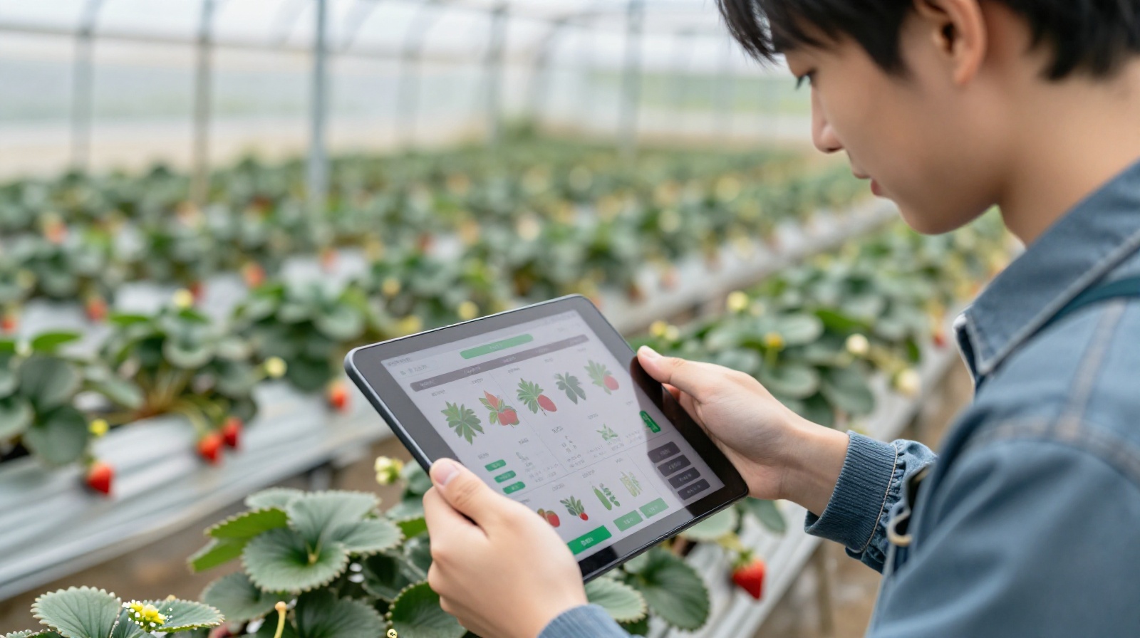 A young Chinese farmer checking real-time soil moisture and temperature data on a tablet inside a modern high-tech strawberry greenhouse in rural China