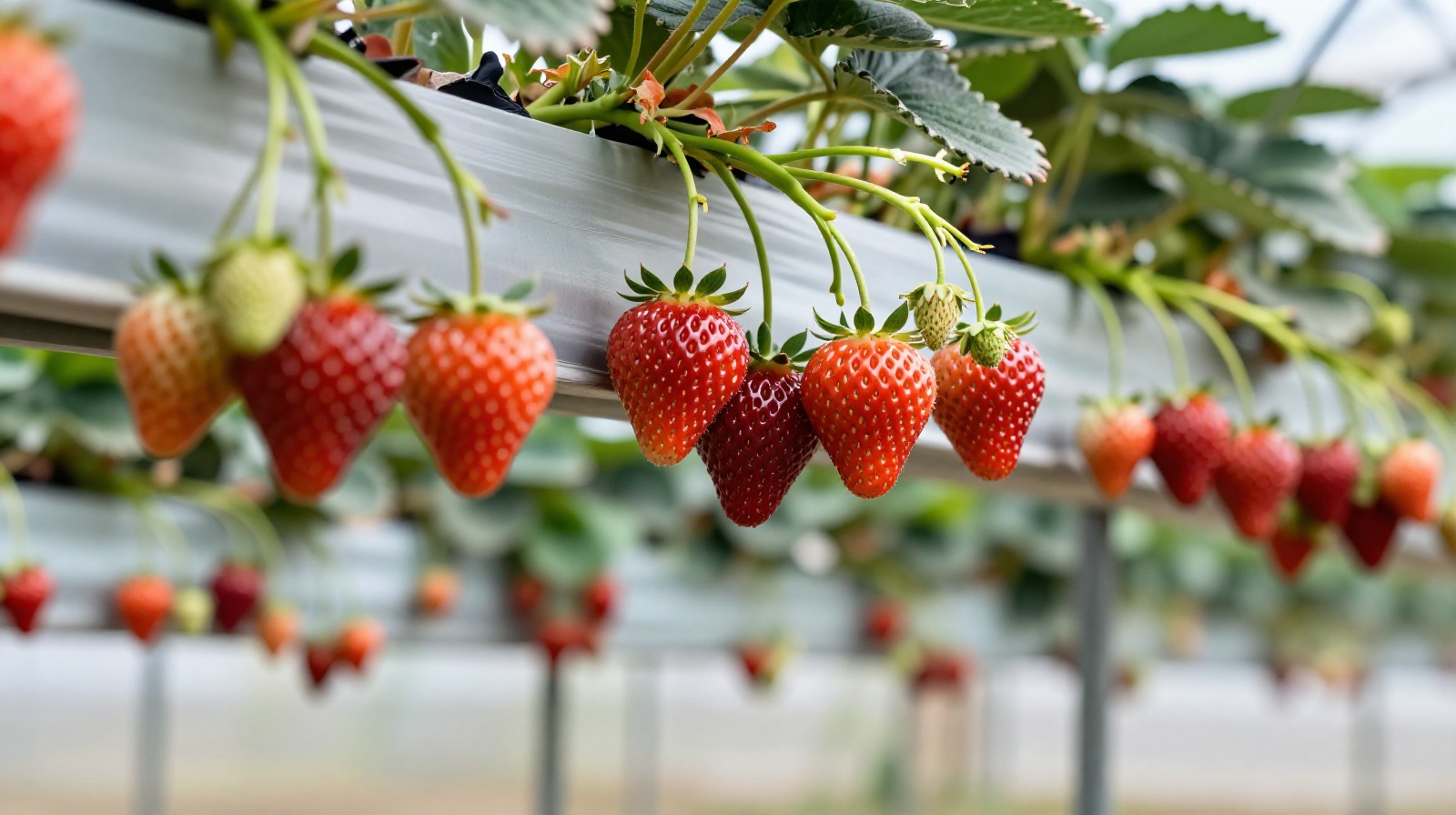 Close-up view of uniform, perfect red strawberries growing in a controlled environment smart farm in China