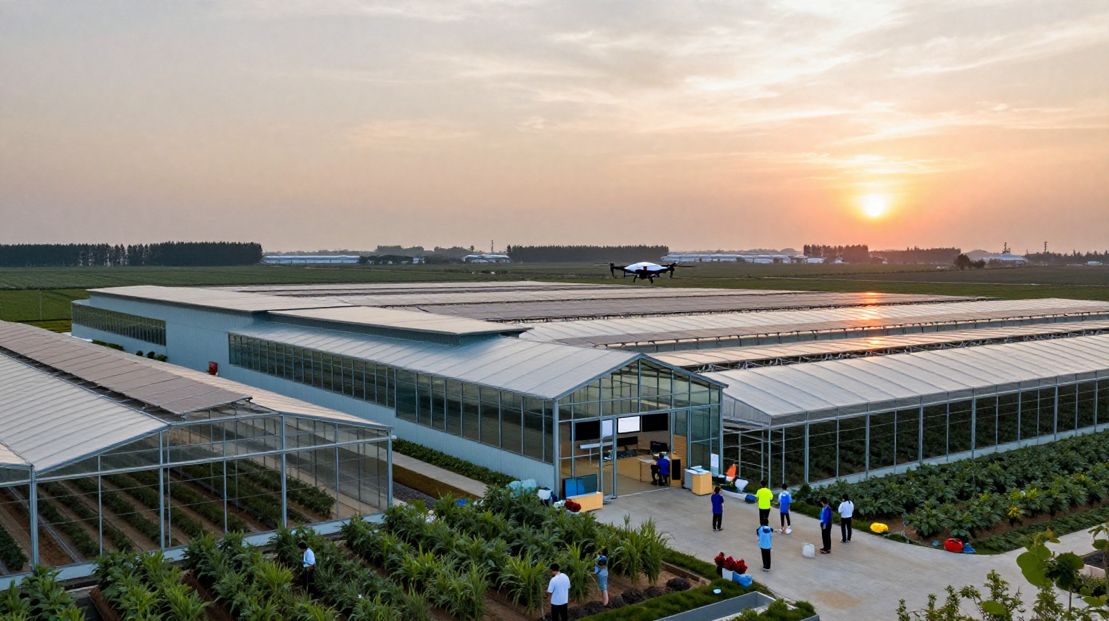 Modern rural agricultural facility showing technology integration with solar power and smart farming operations in China
