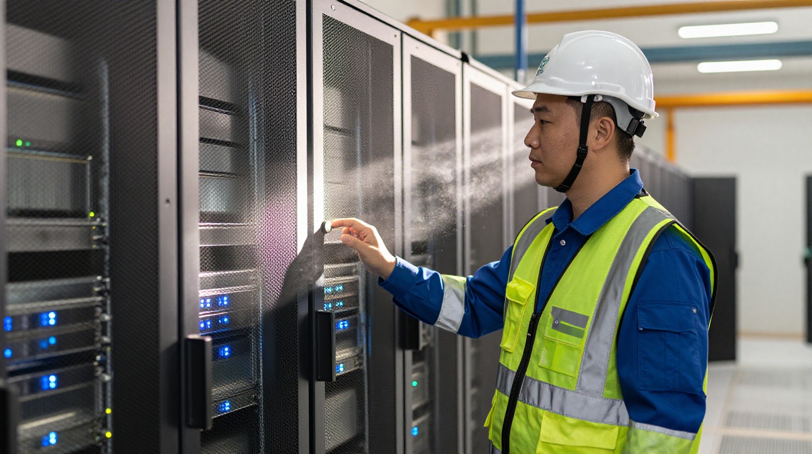 Engineer inspecting server racks inside a high-tech data center located in a desert environment