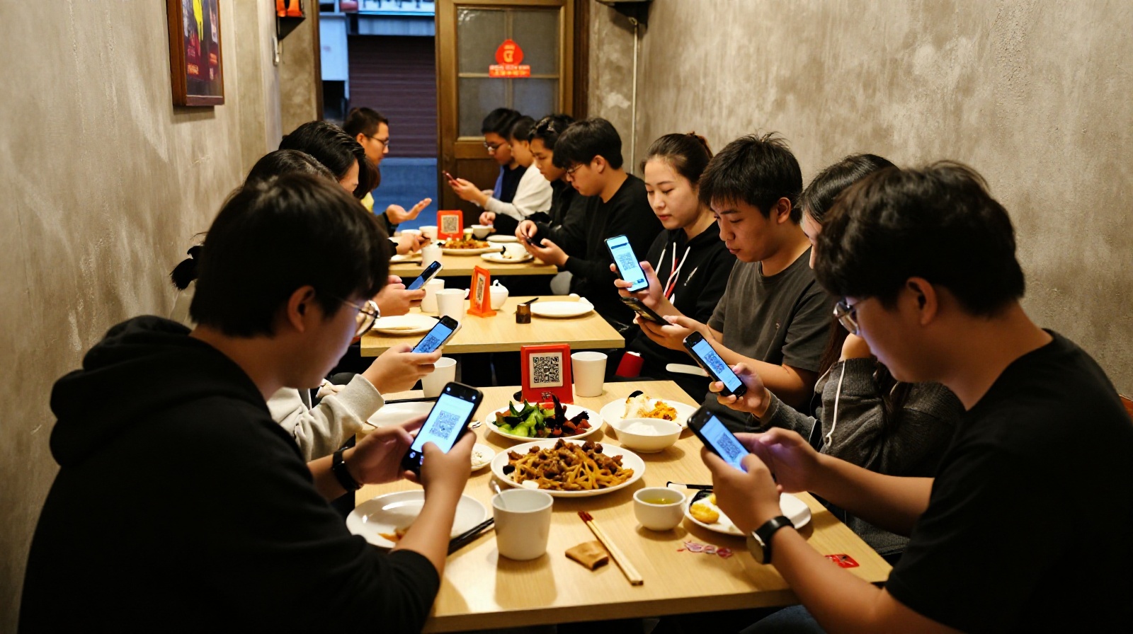 Tourists using mobile payment and QR codes to order spicy hotpot at a local Chinese restaurant
