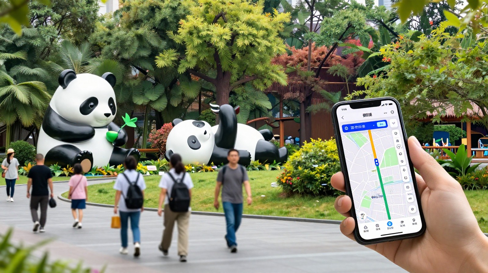 Travelers following an AI route map while visiting a panda park in Chengdu