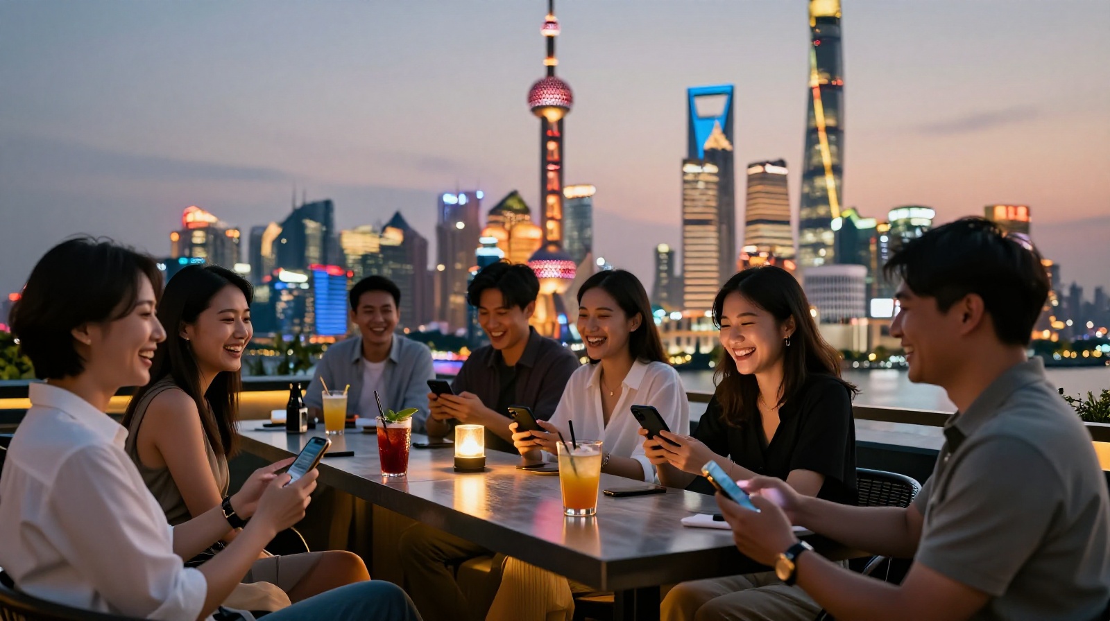 Friends relaxing at a Shanghai rooftop bar reviewing their AI-planned trip itinerary
