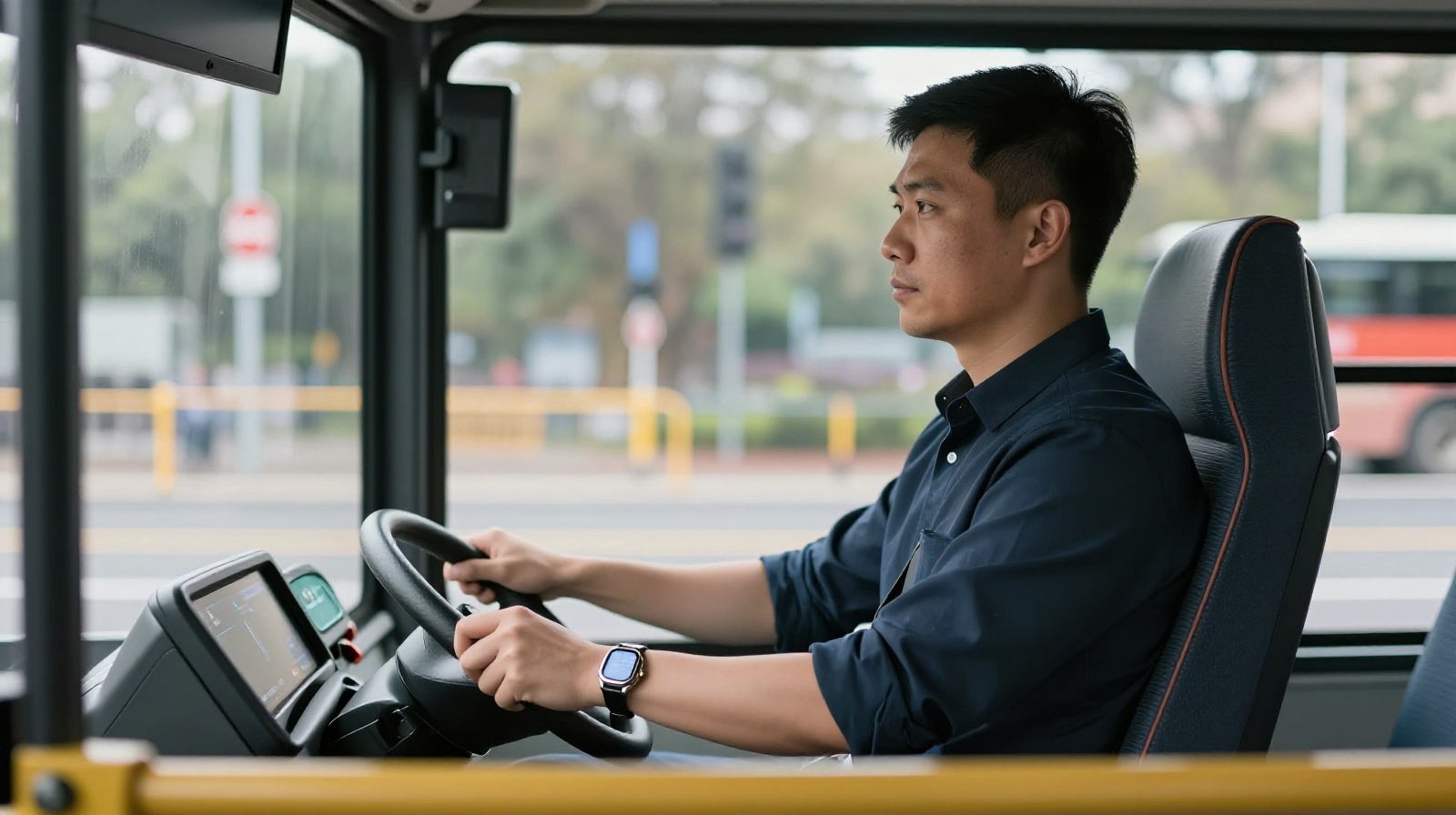 A bus driver operating a modern electric bus in China with a quiet interior environment