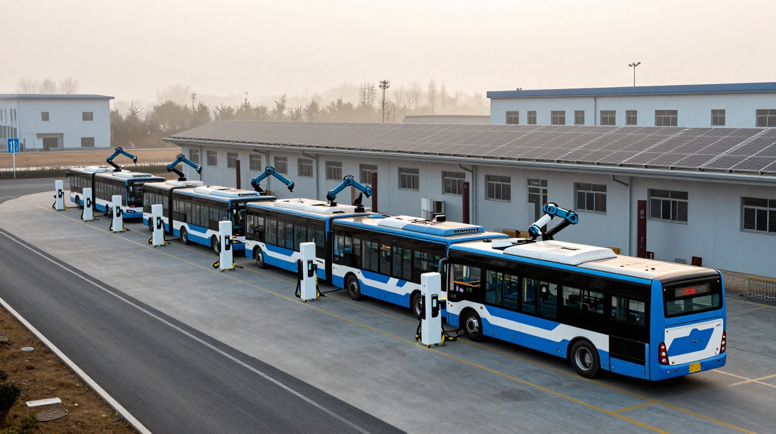 Electric buses being charged at a modern green energy depot in China