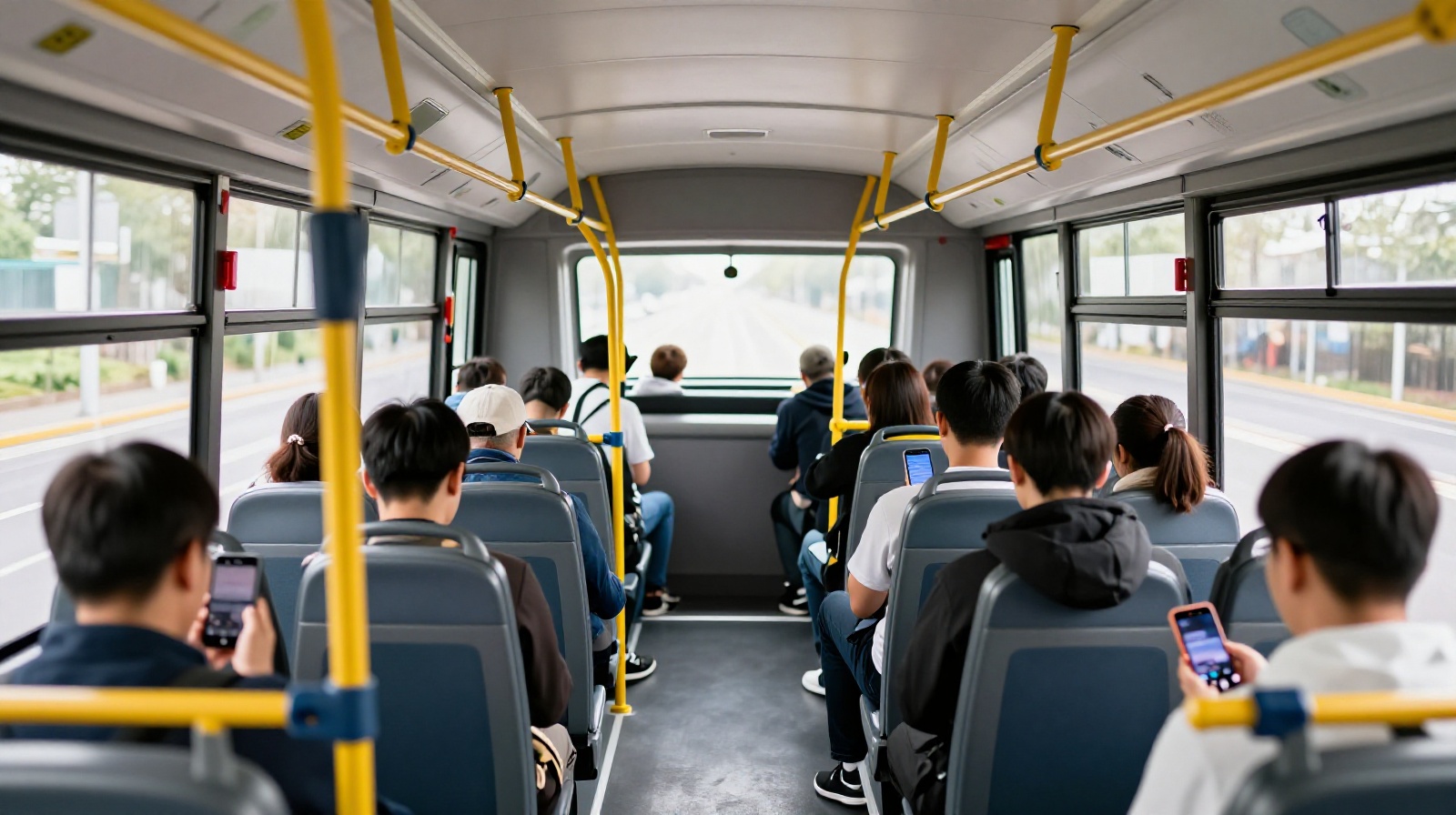Passengers enjoying a quiet ride on a Chinese electric public transport bus