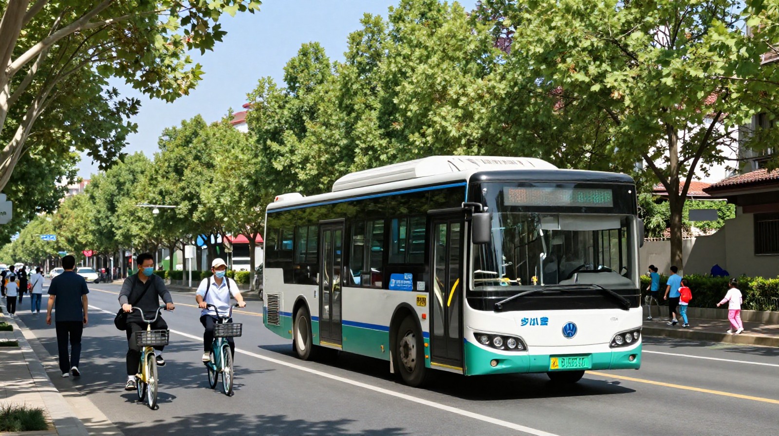 A peaceful city street scene with pedestrians and an electric bus coexisting