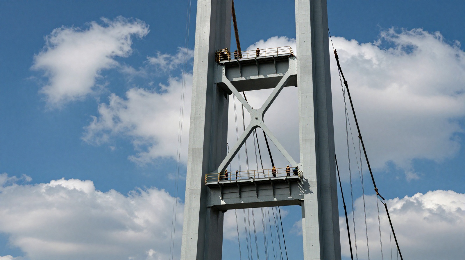 A close-up view of a massive steel bridge tower rising into white clouds at 3000 meters altitude, with construction workers inspecting cables on the platform