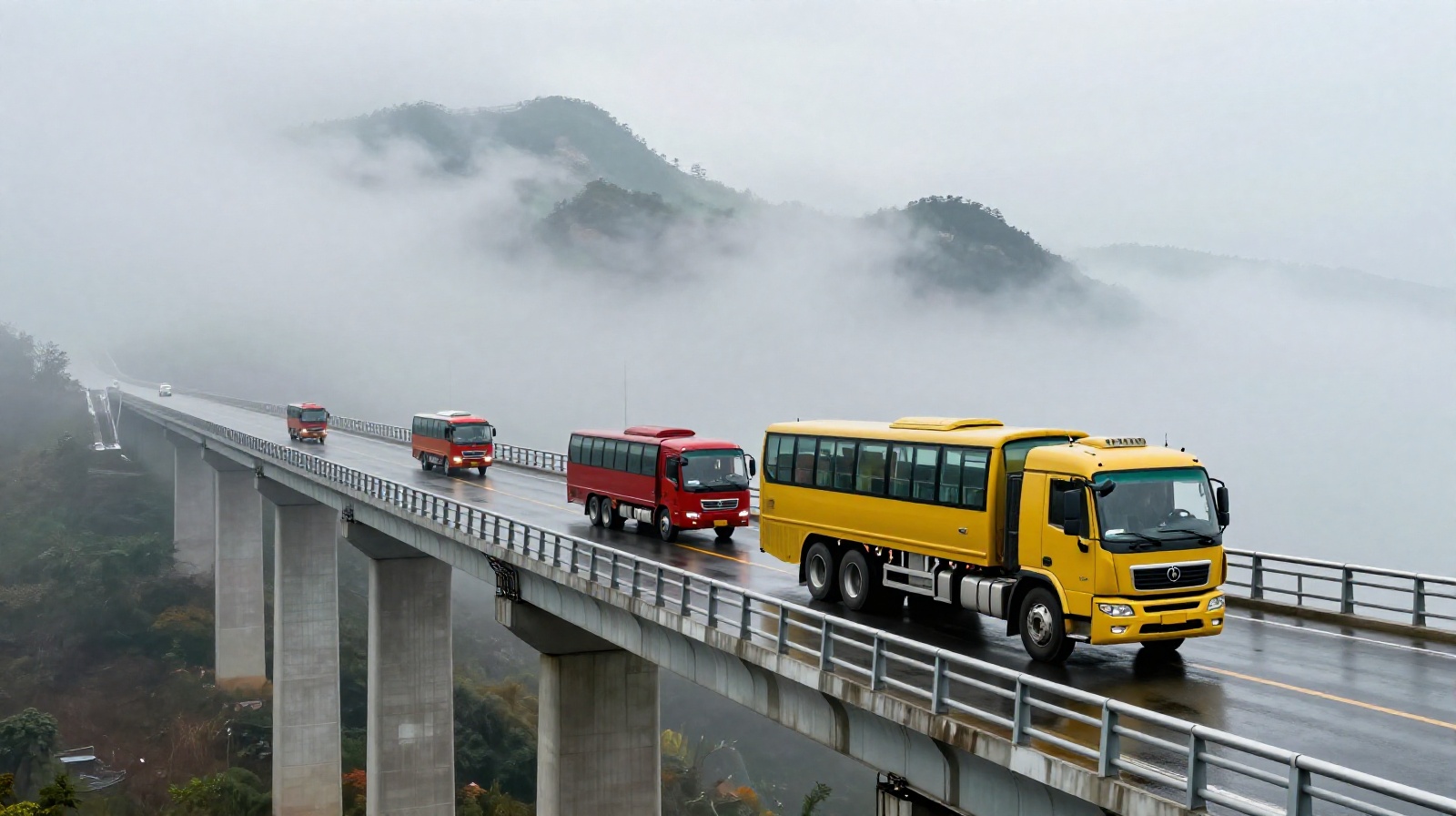 Heavy trucks and passenger vehicles crossing a high-altitude bridge deck above a sea of clouds in China